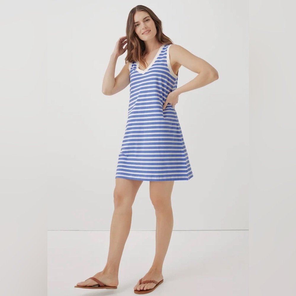 EUC Pact Organic Cotton Softspun A-Line Blue Stripe Tank Dress (Small)